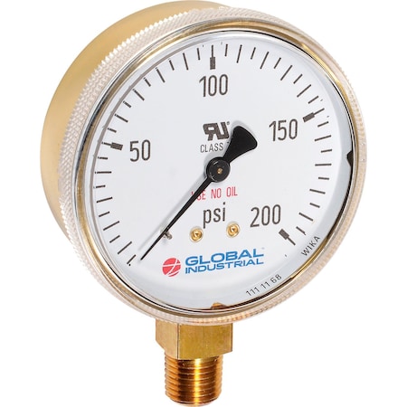 Global Industrial 2-1/2 Compressed Gas Gauge, 200 PSI, 1/4 NPT LM, Polished Brass B2781289